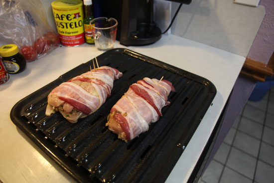 Herb-stuffed bacon-wrapped chicken ready for the oven; photo courtesy Shannon Smith