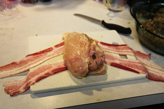 Bacon placed under chicken ready wrapping; photo courtesy Shannon Smith